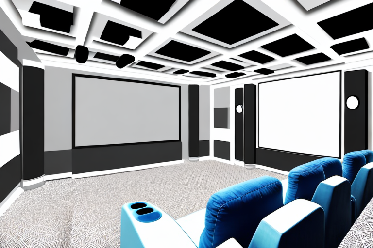 A home theater with decorative acoustic panels on the walls