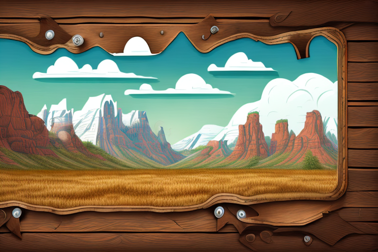A saloon door with a wild west landscape in the background