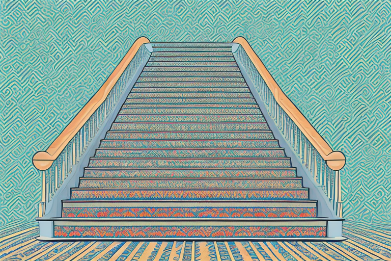 A staircase with a patterned carpet covering the steps